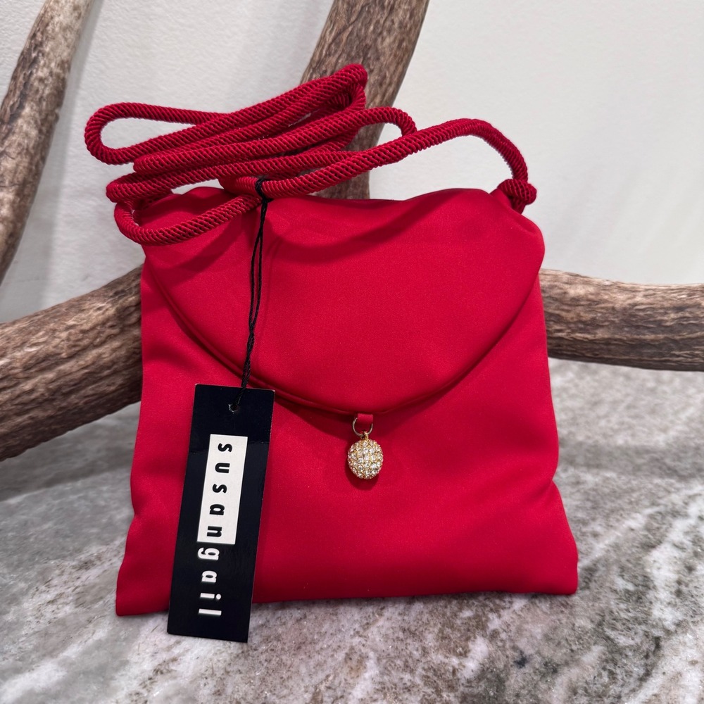 Susan Gail Vintage Red Satin Evening Crossbody Bag Rhinestone Orb Charm NWT